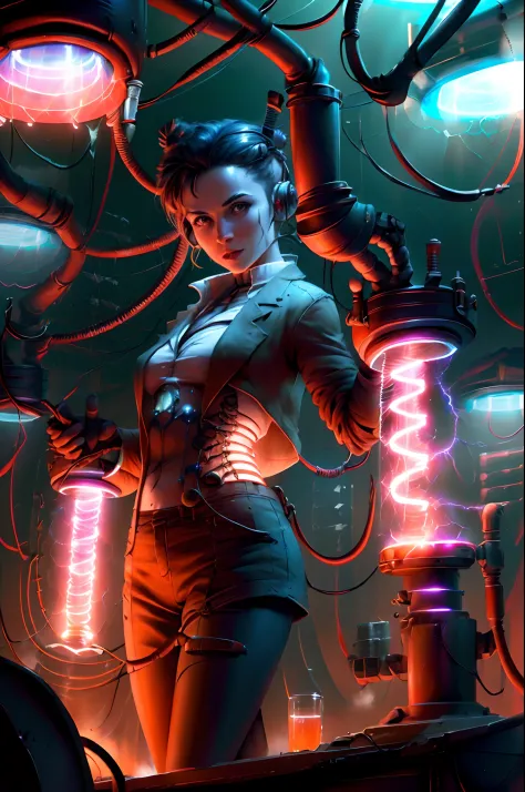 teslapunkai female scientist experiments in lab, tesla coils