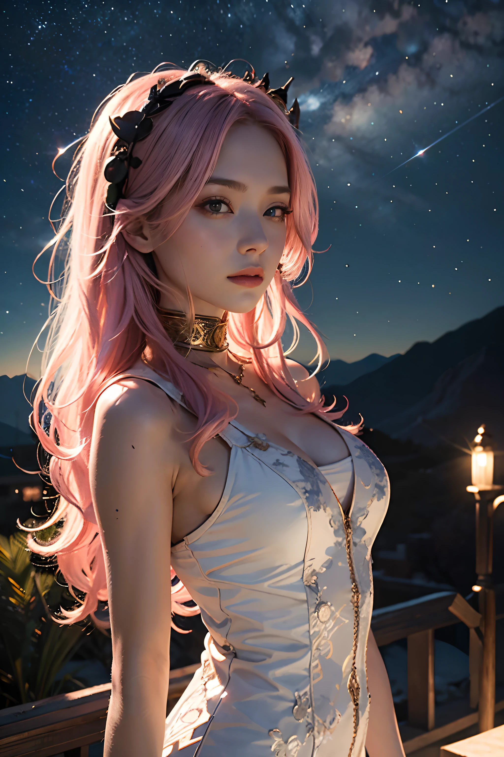 1位美丽女人，长的 pale p墨水 hair，长的 flowing hair，户外星空，流星，（原始照片，最好的品质），（现实地，照片逼真：1.3），最好的品质，非常详细，杰作，超细节，启示，1女孩，身体的上半部分，动态角度，世界名剧，凌乱的_长的_头发，最好的品质，极其详细的 CG unity 8k 壁纸，墨水，惊人，电影灯光，镜片_耀斑，，敦煌_风格