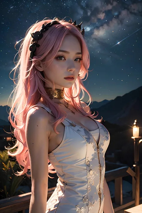 1 beautiful woman，Long pale pink hair，Long flowing hair，Outdoor starry sky，meteors，（RAW photos，best qualtiy），（realisticlying，pho...