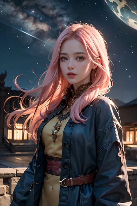 1 beautiful woman，Long pale pink hair，Long flowing hair，Outdoor starry sky，meteors，（RAW photos，best qualtiy），（realisticlying，pho...