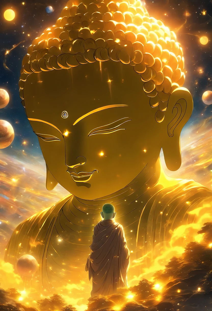 Giant transparent Buddha head looking at yellow planet in space soil，glow effect，OC rendering,Facial Shield