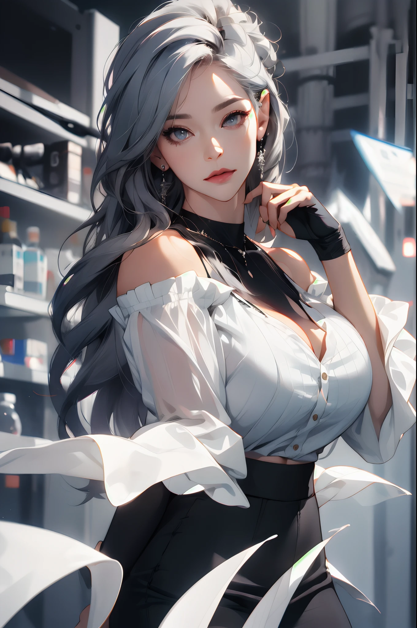 best quality, ultra high res, (photorealistic:1.4), 1girl, off-shoulder white shirt, black tight skirt, black choker, (faded ash gray hair:1), (huge breasts:1.2), looking at viewer, closeup ,