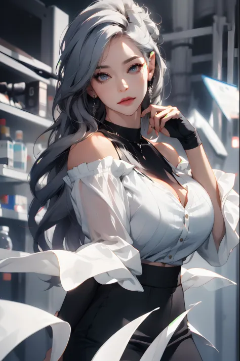 best quality, ultra high res, (photorealistic:1.4), 1girl, off-shoulder white shirt, black tight skirt, black choker, (faded ash...