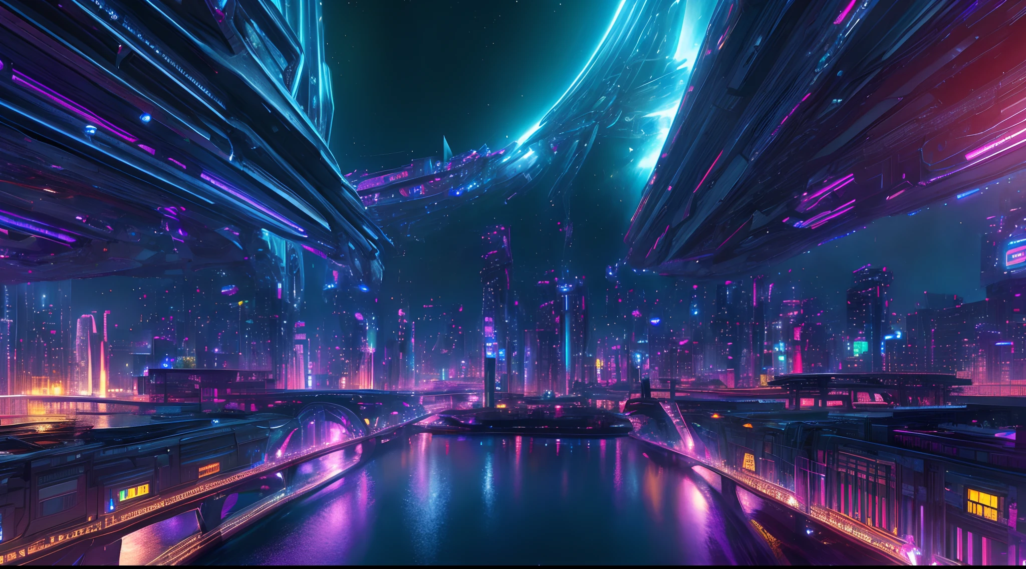 (best quality,16k,hdr,ultra-detailed,highres,masterpiece:1.2),complex,hyper-detailed,space city,neon,particle effects,ray tracing,cinematic lighting,background