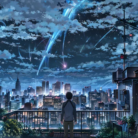 A man stands on a balcony watching an anime scene from the city, Your name, your name movie style, anime movie backgrounds, ( ( ...