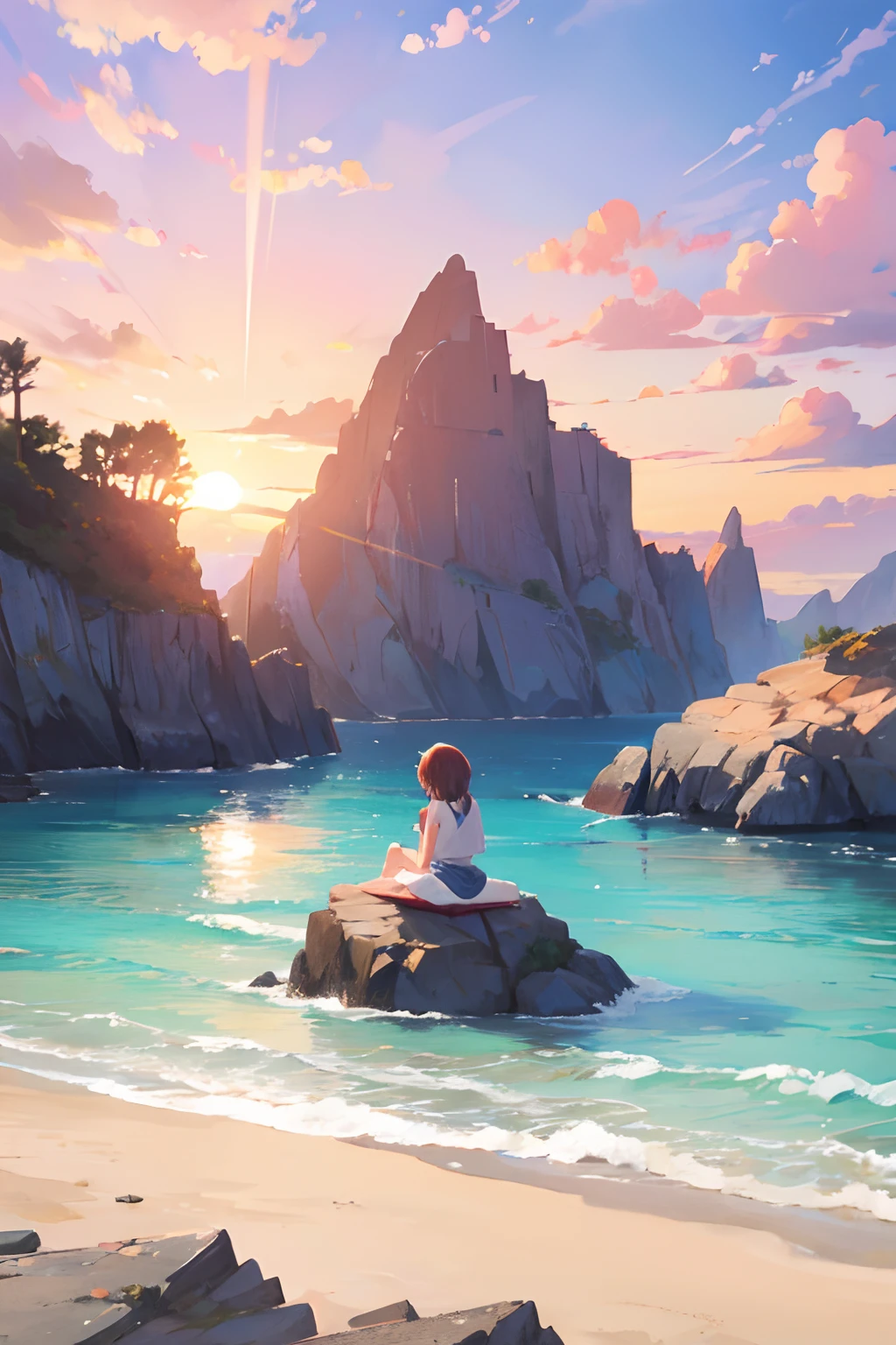 high res anime beach with a girl sitting on a rock at the middle of the screen drinking coffee on a sunrise