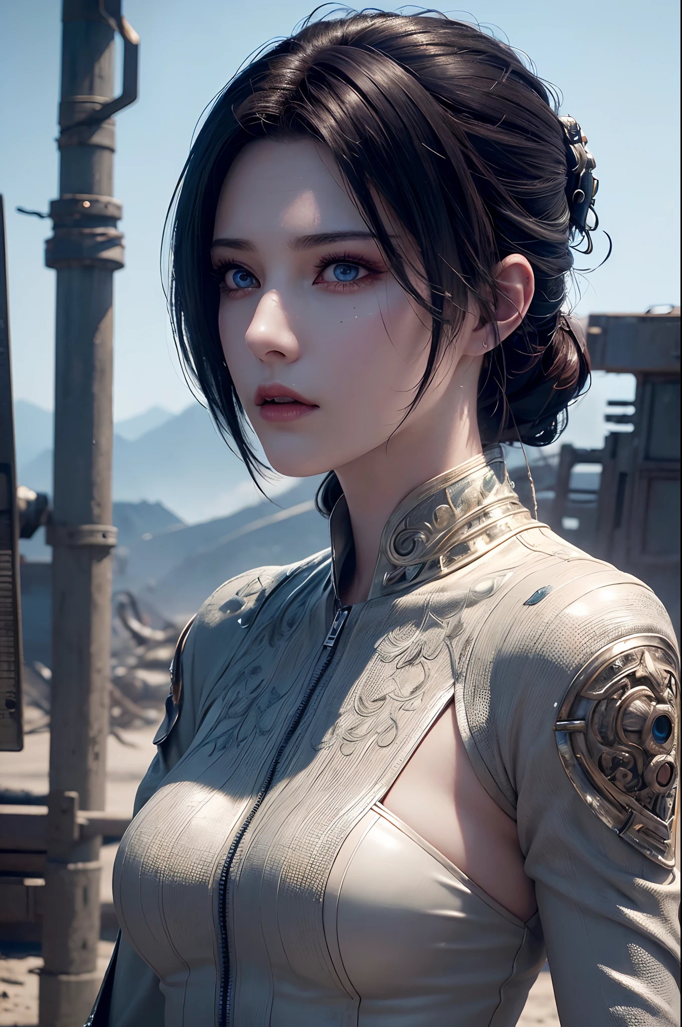 (extremely detailed face, beautiful detailed eyes, beautiful detailed lips), [(assassin:0.4) bounty hunter], standing in a post-apocalyptic wasteland, (glitchwave style:1) with . 
(best quality, 4k, highres, masterpiece:1.2), ultra-detailed, (realistic:1.37), HDR, (professional),(vivid colors), (physically-based rendering), (sharp focus), (intense lighting).