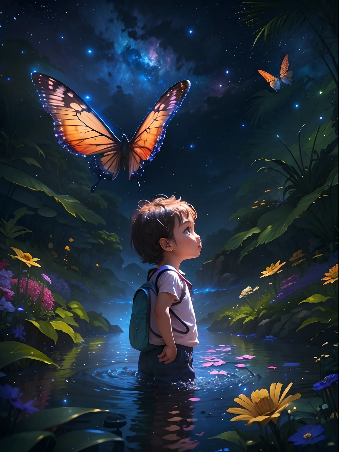 （（Best Quality））， （（tmasterpiece））， （A detailed：1.4），Improved dynamic perspective，Jungles，night scene，Starrysky，（dark：1.4），（（Adventurous baby standing in front of a supergiant butterfly，Butterflies spread their huge wings，shining under the moonlight，A starry stream flowed before him）），Crocodiles float in the water，（Adventurous backpack），（evil），floral，（（（adventurer clothing））），glow effects，Super-fine，Works of masters，high quality，8 k resolution，Depth of fields，cinematography lighting，Epic shooting，high quality，Super-fine，Old pubic detailed，necessary，cinematic lighting，