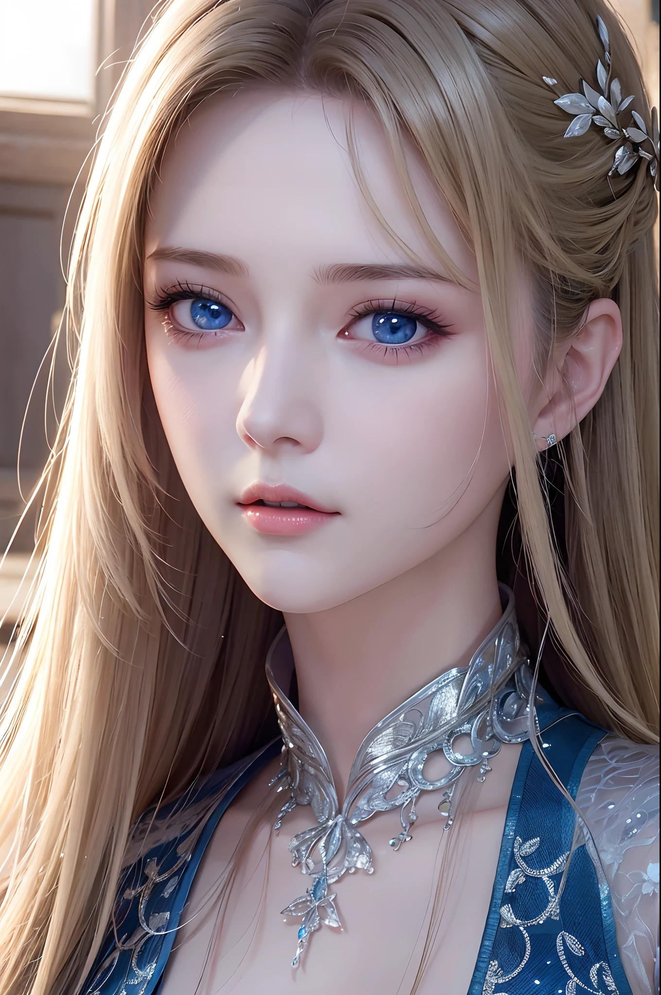 High quality, Best Quality, Photorealsitic, Raw photo, Realistic, Ultra realistic 8K CG, Ultra-detailed, High Definition, masutepiece, 1girl in, Long hair, Blonde hair, Blue eyes, Face and eye details, close-up, Intricate details, Detailed texture, Finely detailed,