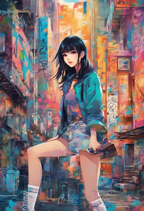 Watercolor style、digitalart、Retro anime style、Black Hair Bob、Japan ...