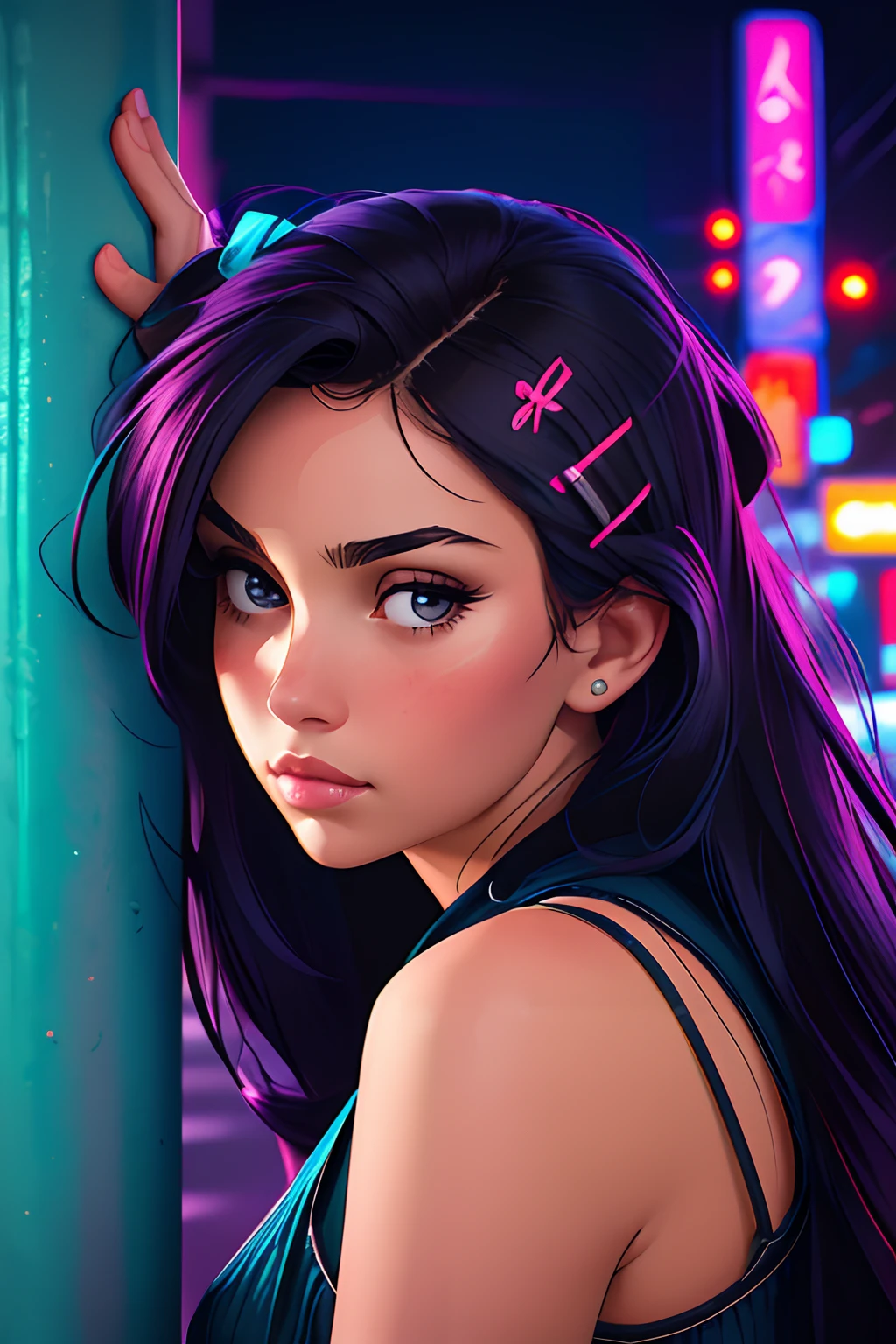 portrait of 1girl solo, Half-Up Half-Down with Hair Clip, Cheeky panties with a ruched back., headshot, face focus, Leaning against a pillar or column, looking thoughtful and introspective, City of Neon Lights and Reflections, masterpiece, immaculate, highly detailed, detailed,