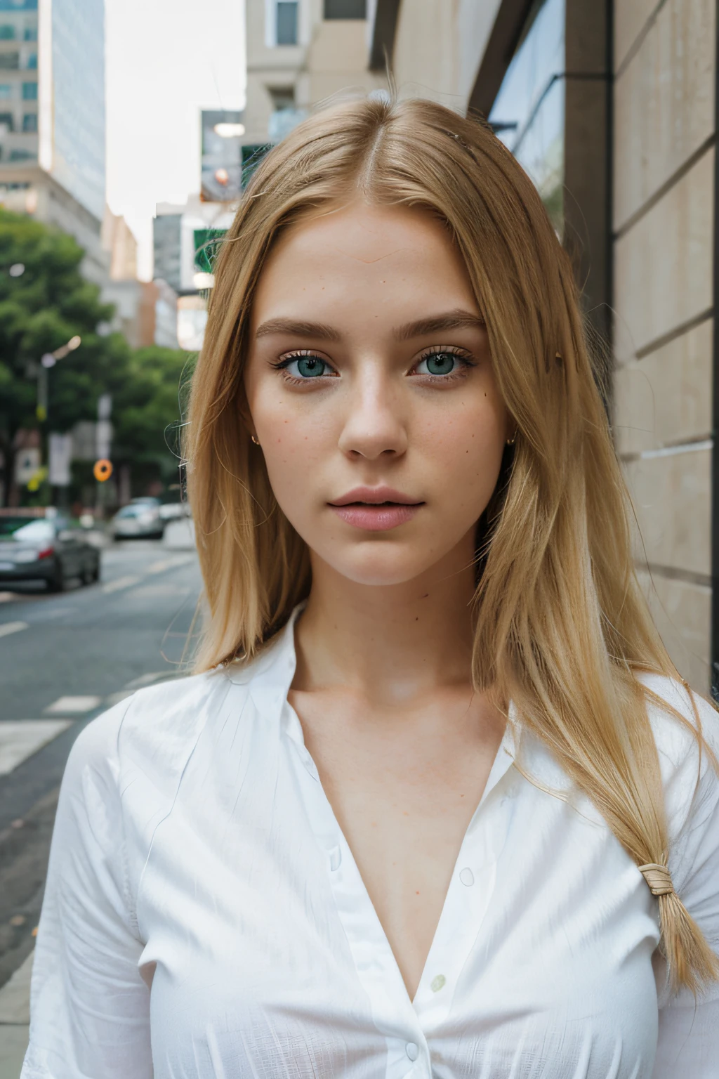 (woman 20 years old), (long realistic blonde hair), (realistic green eyes), (freckles:0.8), detailed face, wearing long white outfit, in the city, very detailed, high detail, hyper realistic, photo realistic, masterpiece, model pose[:, (film grain, 25mm, f/1.2, dof, bokeh, beautiful symmetrical face, perfect sparkling eyes, well defined pupils, high contrast eyes, ultra detailed skin, skin pores, vellus hair, fabric stitching, fabric texture, wood grain, stone texture, finely detailed features:1):0.9]