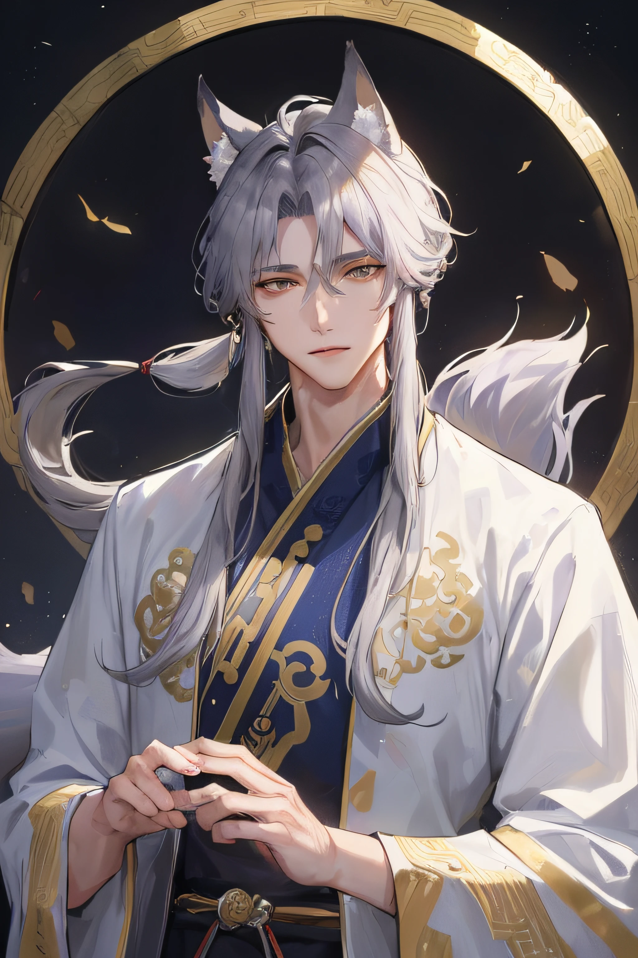 Masterpiece, Best quality, Night, full moon, 1 man, Mature man, Chinese style, fox ear，Ancient China, Gray hair like spring, Golden eyes, Split ends of hair, Long hair, Long bangs, Handsome, Handsome, Masculine, gentle, Tall, calm, Mixed white and blue clothing, Dark background, fox tails，Fox element,  in wonderland