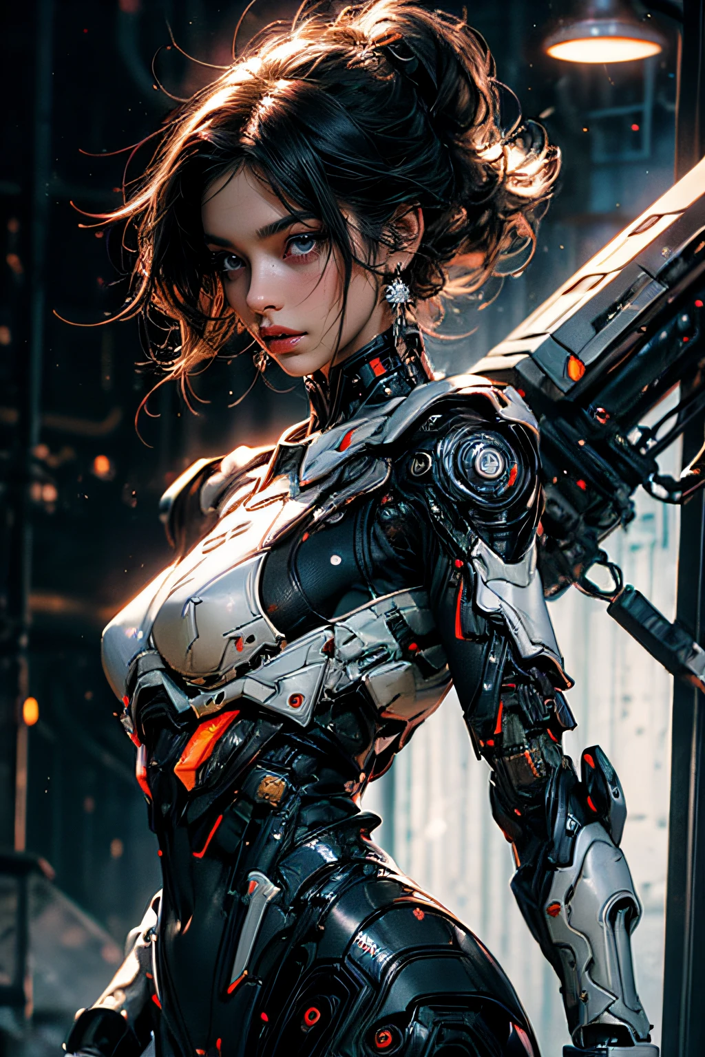 cgmech, beautiful eyes, upper body, underboob, portrait, robot,white orange armor, shimmering black hair, neon light, 8K, RAW, best quality, masterpiece, ultra high res, colorful, (medium wide shot), (dynamic perspective), sharp focus , (depth of field, bokeh:1.3), extremely detailed eyes and face, beautiful detailed eyes,large breasts,(black gold, trimmed gear:1.2),(In a futuristic weapons factory:1.2), ((masterpiece, best quality)), Detailed background, spaceship interior
