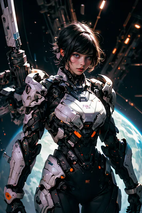 cgmech, beautiful eyes, upper body, underboob, portrait, robot,white orange armor, shimmering black hair, neon light, 8K, RAW, b...