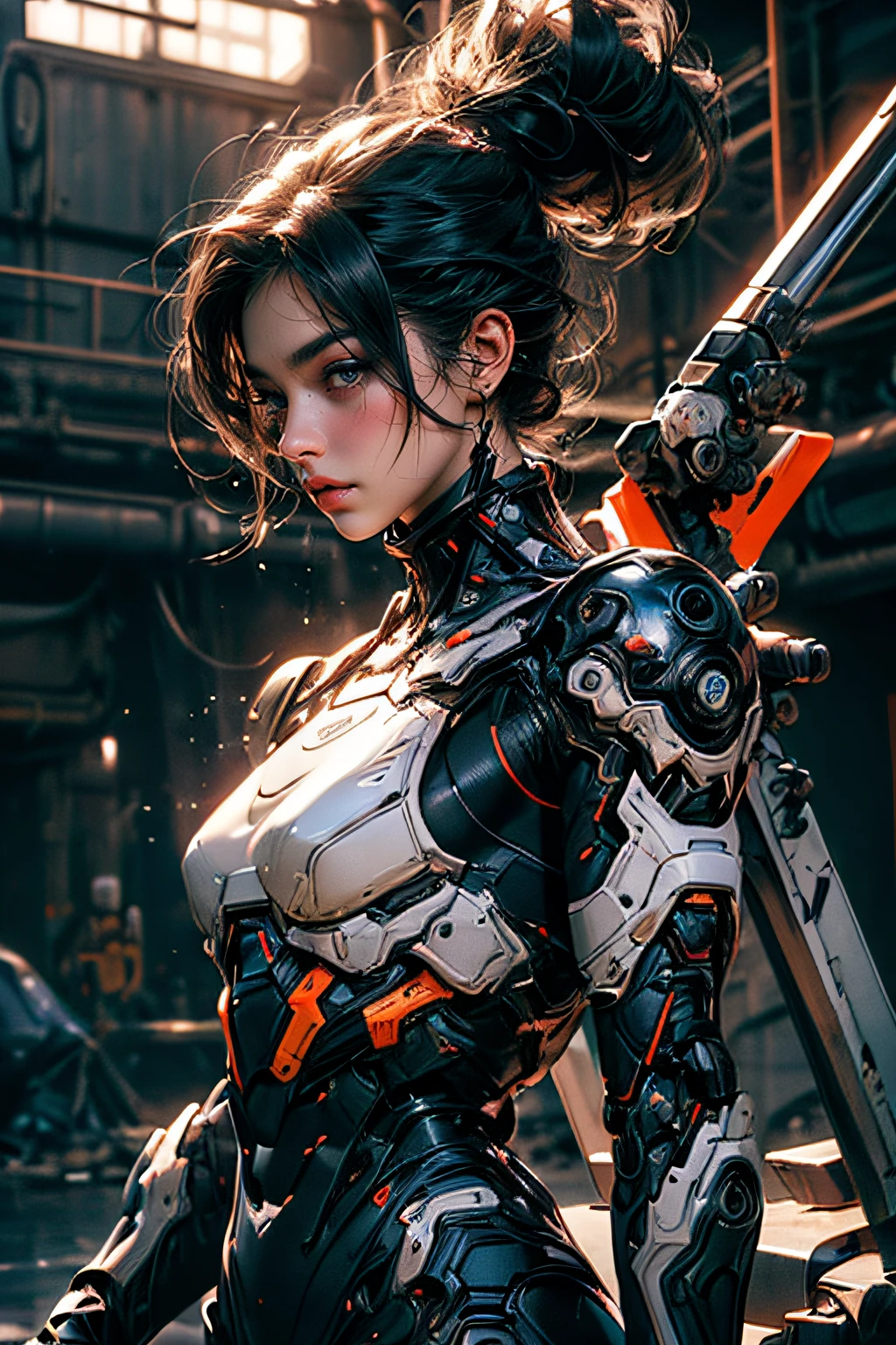 cgmech, beautiful eyes, upper body, underboob, portrait, robot,white orange armor, shimmering black hair, neon light, 8K, RAW, best quality, masterpiece, ultra high res, colorful, (medium wide shot), (dynamic perspective), sharp focus , (depth of field, bokeh:1.3), extremely detailed eyes and face, beautiful detailed eyes,large breasts,(black gold, trimmed gear:1.2),(In a futuristic weapons factory:1.2), ((masterpiece, best quality)), Detailed background, spaceship interior