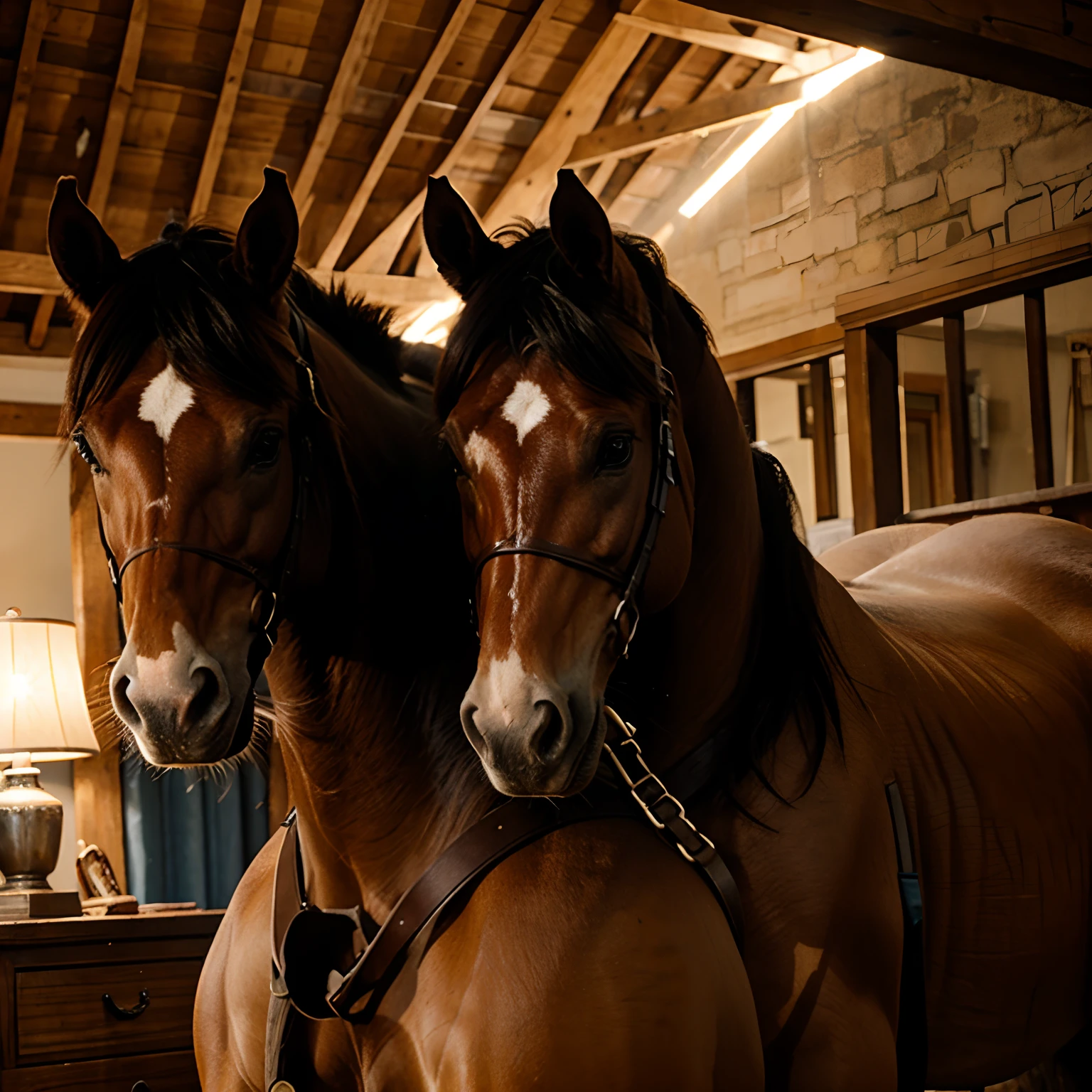 There are two horses standing next to each other in a barn - SeaArt AI