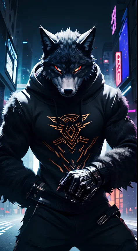 wolf mask creature, hoodies, half body, breaking dance pose, cyber city, night, masterpiece, ultra high quality, abstract background