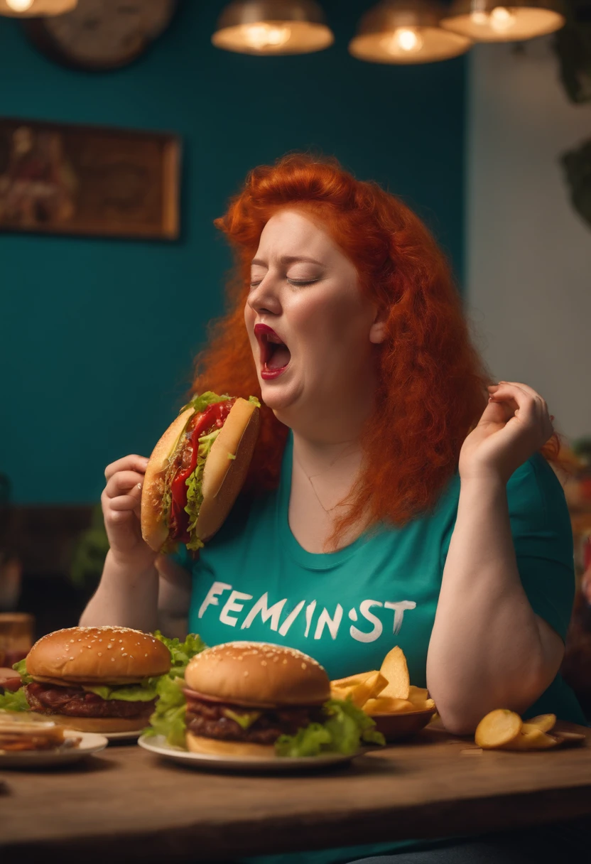 Woman with red hair eating a hamburger and fries at a table - SeaArt AI