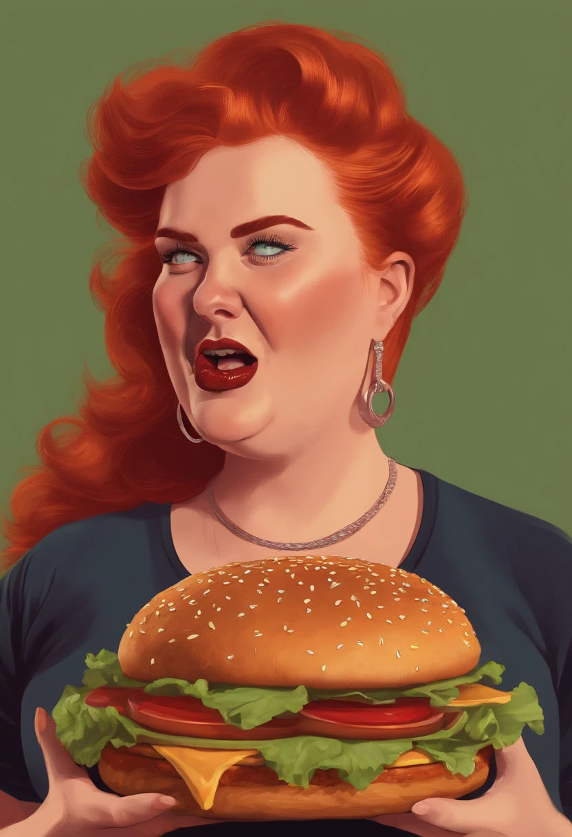 A woman with red hair holding a large hamburger in her hands - SeaArt AI