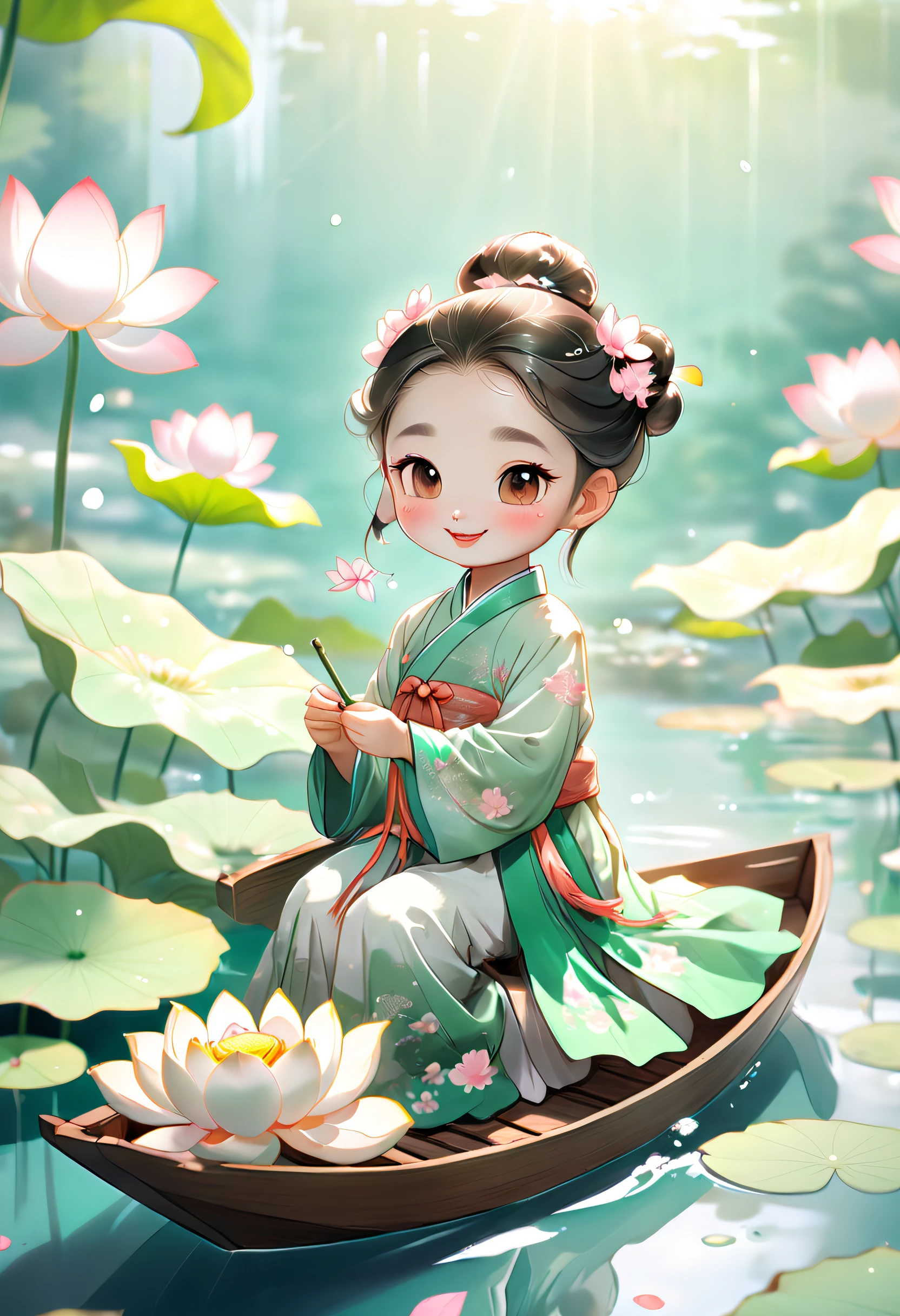 卡通渲染動作海報， 一個微笑的中國小女孩 ,Dressed in elegant Chinese HanFu， 坐在木船上, Surrounded by summer lotus Flowers, 荷葉，Ripples in the water Lotus in the Foreground，河裡有鯉魚在遊 ,明亮的光線,綠色色調,抽象圖片,超現實主義,清晰的背景,輪廓光清晰,邊緣光,Fantasy, 複雜的細節, BeautiFul color grading, 虛幻的引擎, 電影般的, 色彩分級,社論攝影, 攝影, 照片拍攝, 使用70mm鏡頭拍攝, Depth oF Field,degrees oF , 傾斜模糊, 快門速度1/ 1000, F/ 22, 白平衡,按辛烷值渲染, 攪拌機, 超品質, 超高畫質, 8K