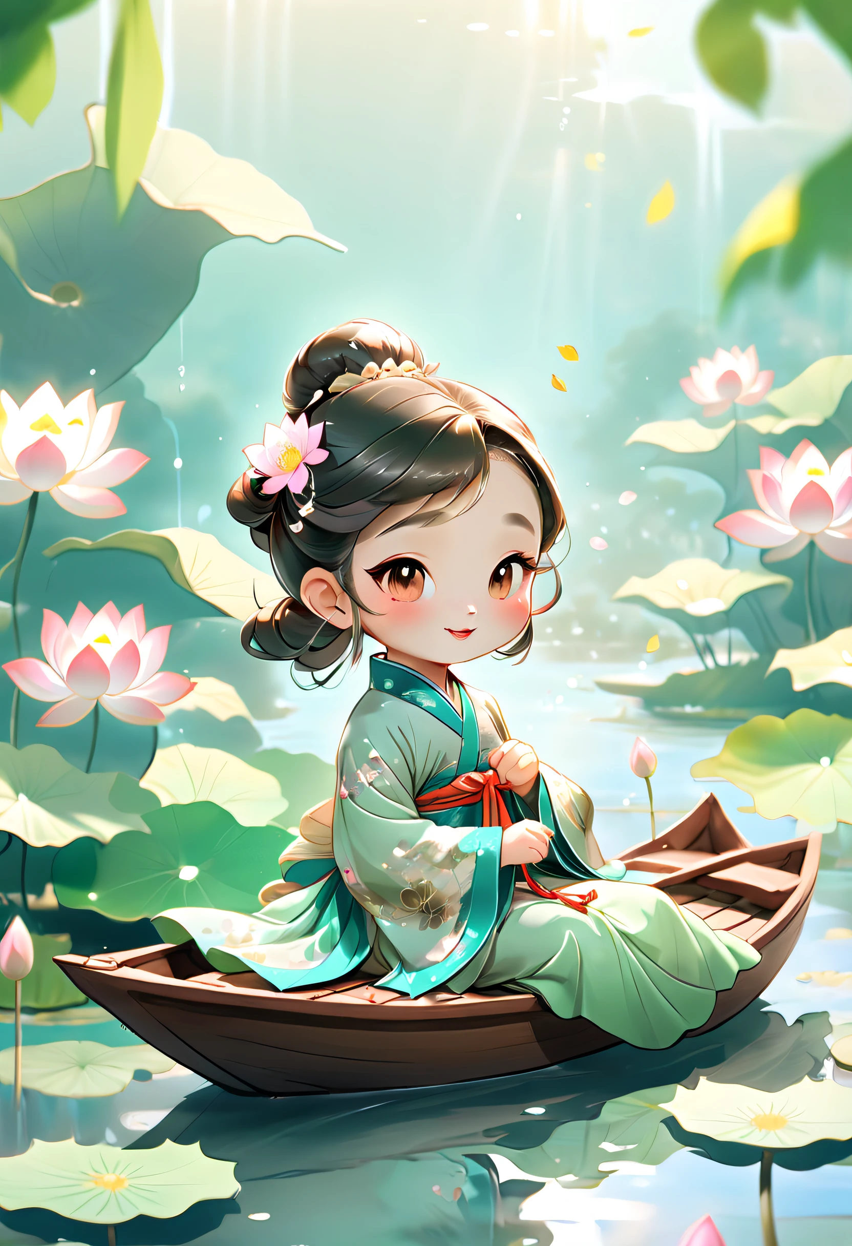 Cartoon rendering action poster， A smiling little Chinese girl ,Dressed in elegant Chinese Hanfu， Sitting on a wooden boat, Surrounded by summer lotus flowers, Lotus leaves，Ripples in the water Lotus in the foreground，There are carp swimming in the river ,Bright light,greenish tinge,Abstract picture,surrealism,Clear background,clear contour light,Edge light,fantasy, Intricate details, Beautiful color grading, illusory engine, Cinematic, Color grading,editorial photography, Photography, photoshoot, Shot on 70mm lense, Depth of field,degrees of , Tilt Blur, Shutter speed 1/ 1000, f/ 22, White balance,rendering by octane, blender, hyper qualit, Ultra HD, 8K