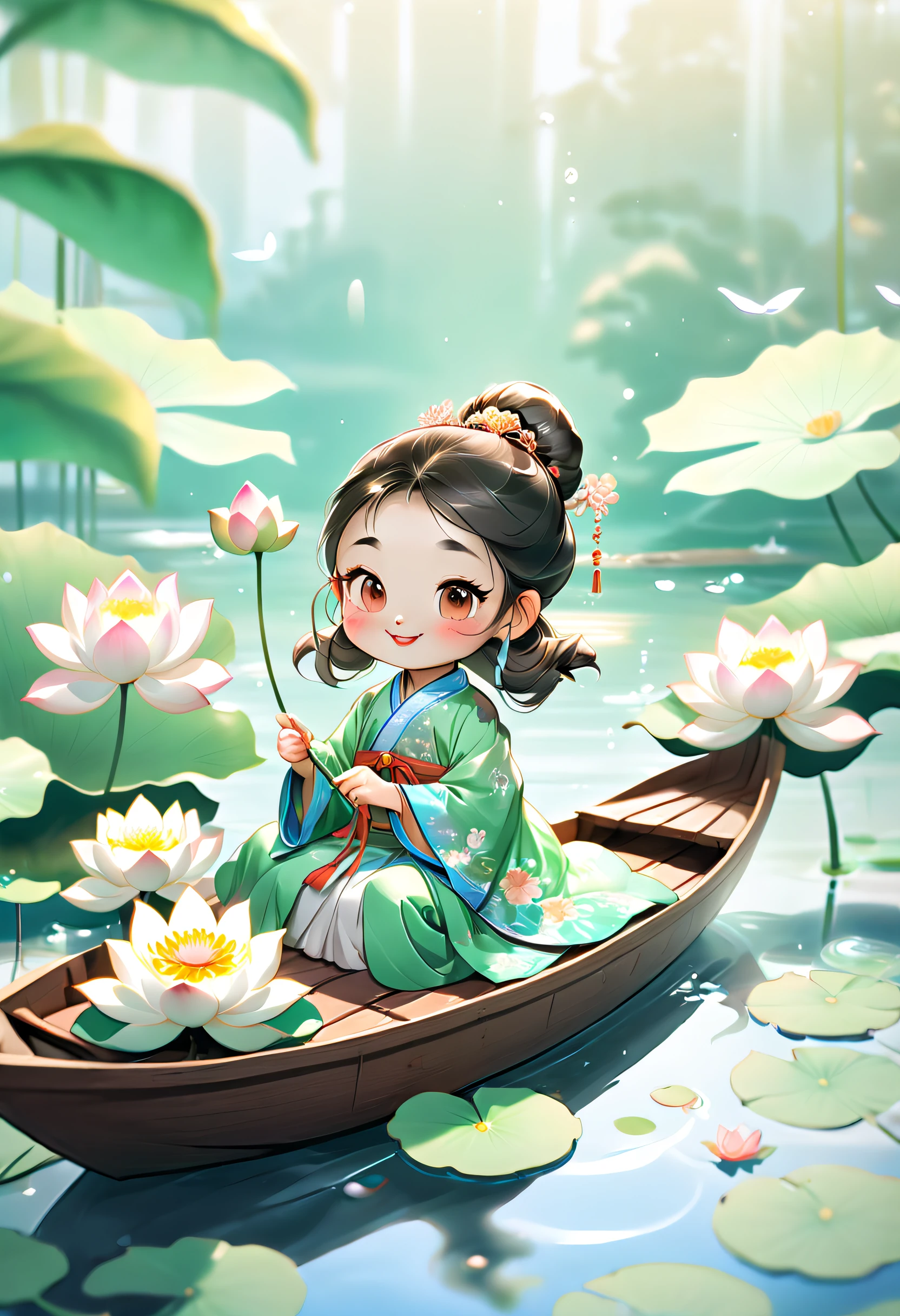 Cartoon-Rendering-Aktionsplakat， Ein lächelndes kleines chinesisches Mädchen ,Dressed in elegant Chinese HanFu， Sitzen auf einem Holzboot, Surrounded by summer lotus Flowers, Lotusblätter，Ripples in the water Lotus in the Foreground，Im Fluss schwimmen Karpfen ,helles Licht,grünlicher Farbton,Abstraktes Bild,Surrealismus,klarer Hintergrund,klares Konturenlicht,Kantenlicht,Fantasy, komplizierte Details, BeautiFul color grading, Scheinmaschine, filmisch, Farbkorrektur,redaktionelle Fotografie, Fotografie, Foto-Shooting, Aufgenommen mit einem 70-mm-Objektiv, Depth oF Field,degrees oF , Neigungsunschärfe, Verschlusszeit 1/ 1000, F/ 22, Weißabgleich,Rendering von Octane, blender, Hyperqualität, Ultra HD, 8K