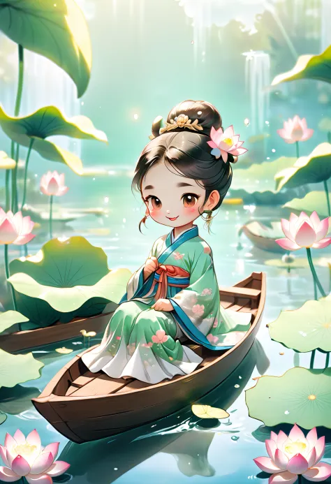 Cartoon rendering action poster， A smiling little Chinese girl ,Dressed in elegant Chinese Hanfu， Sitting on a wooden boat, Surr...