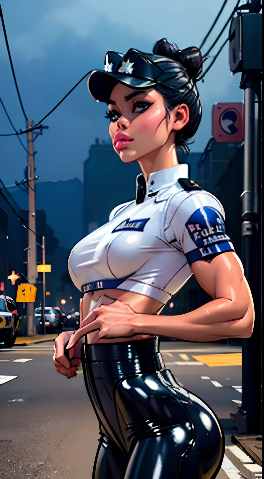 (tiro de vaquero:1.5) 1 misma chica , perfecto hermoso , cara madura , ((mujer coreana)), coreano 18 años , ((moño de pelo grande:1.4)) , ((traje de oficial de policia)), ((gorra de policia:1.5)),cuerpo atlético , ((senos pequeños:1.5)) Retrato extremadamente detallado con efecto bokeh , iluminación realista ,(pantalones de látex)Vista nocturna de la calle , Ambiente oscuro , (cuerpo pequeño:1.7) calles , maquillaje gótico  , posando como modelo , mirar al espectador, ((labios hinchados:1.3)), iluminación genial, luz de la farola azul((luz del ambiente del atardecer:0.8))