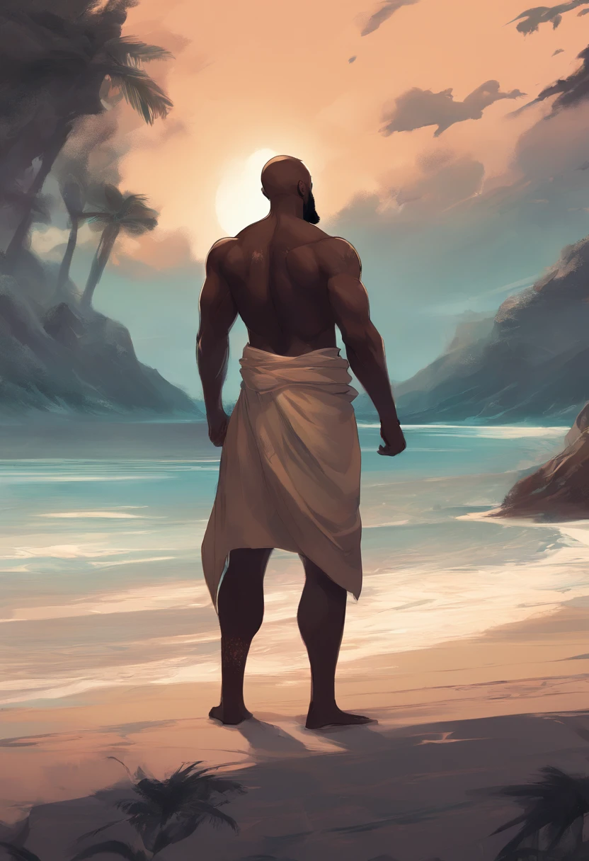 A painting of a man standing on a beach with a towel - SeaArt AI