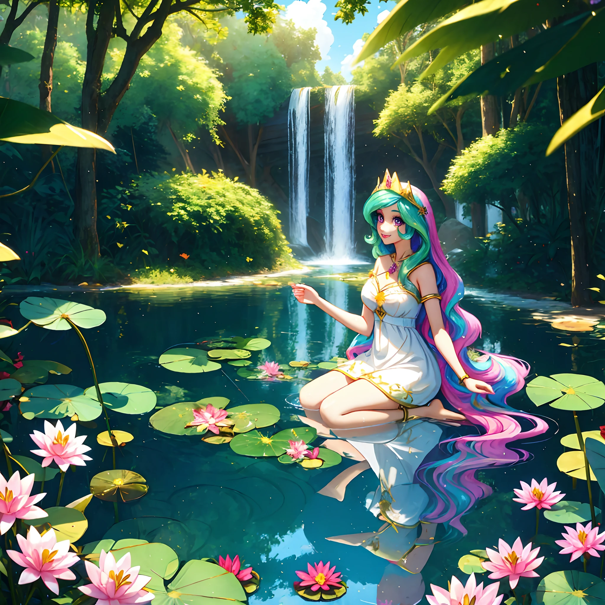 Celestia, celestia from my little pony, celestia in the form of a girl, long wavy hair, pink eyes, lush breast, greek columns, outside, beautiful majestic forest, vine leafs surrounding the columns, bush of flowers everywhere, wear a white goddess dress, knee high boot, white angelic wings, white pony ears, clear sky, bright sunny day, water fall, river, water reflection, lily pads, heavenly forest, long beautiful greek dress