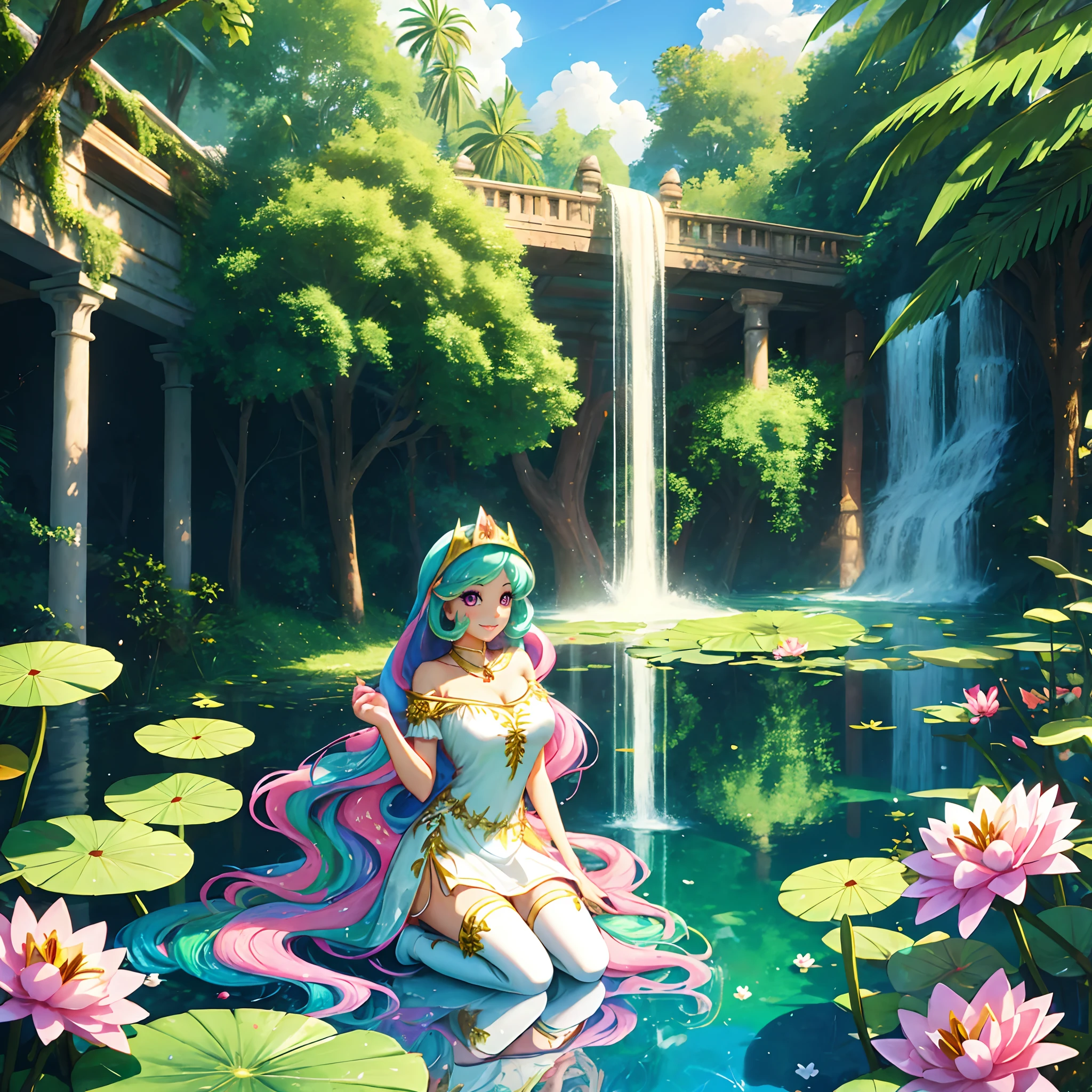 Celestia, celestia from my little pony, celestia in the form of a girl, long wavy hair, pink eyes, lush breast, greek columns, outside, beautiful majestic forest, vine leafs surrounding the columns, bush of flowers everywhere, wear a white goddess dress, knee high boot, white angelic wings, white pony ears, clear sky, bright sunny day, water fall, river, water reflection, lily pads, heavenly forest, long beautiful greek dress