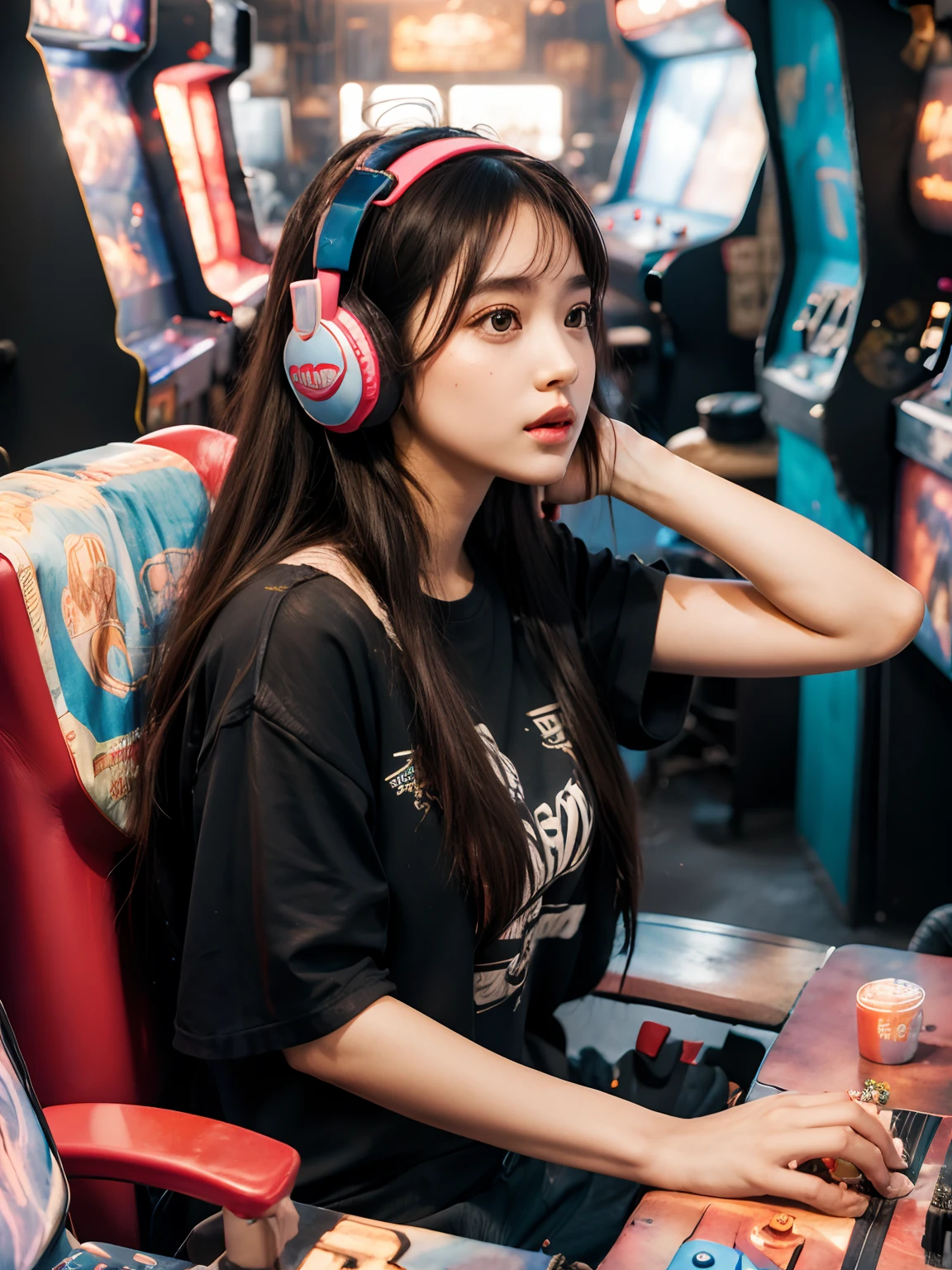 1girll, Fashionable to wear，With large headphones，messy  hair，Focus on playing arcade，Arcade futuristic scene，Arcade，Retro，Nostalgia，