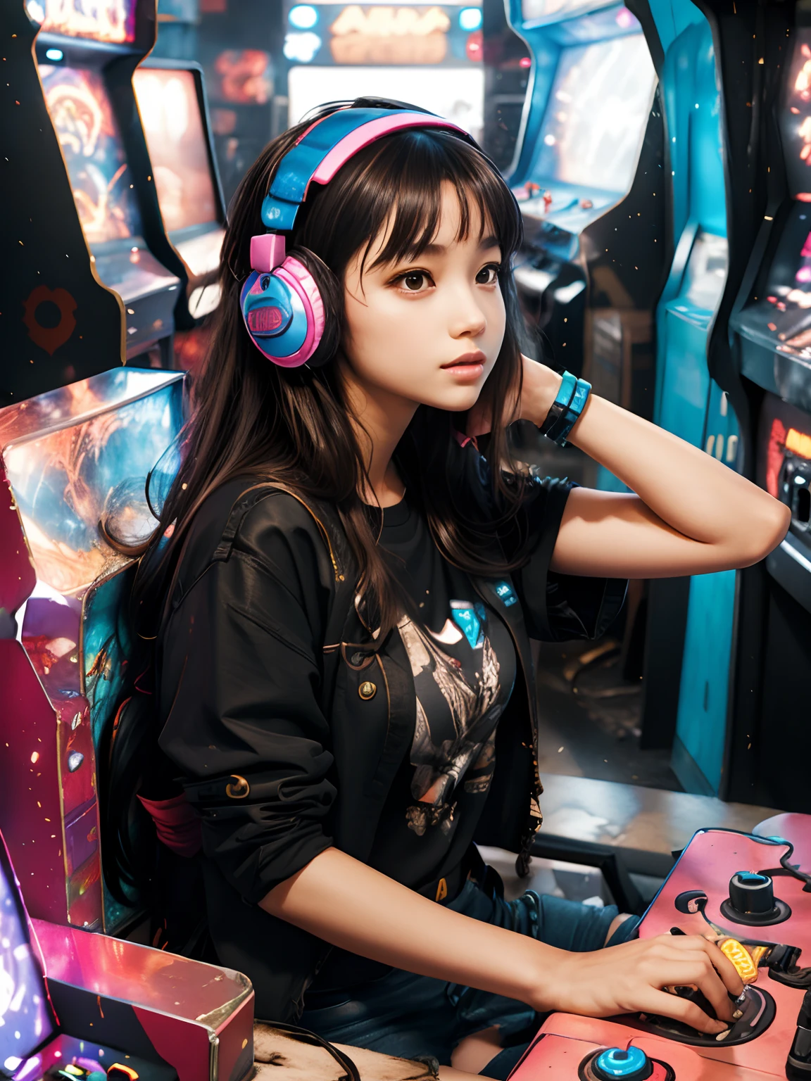 1girll, Fashionable to wear，With large headphones，messy  hair，Focus on playing arcade，Arcade futuristic scene，Arcade，Retro，Nostalgia，