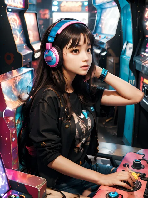 1girll, fashionable to wear，with large headphones，messy  hair，focus on playing arcade，arcade futuristic scene，arcade，retro，nosta...