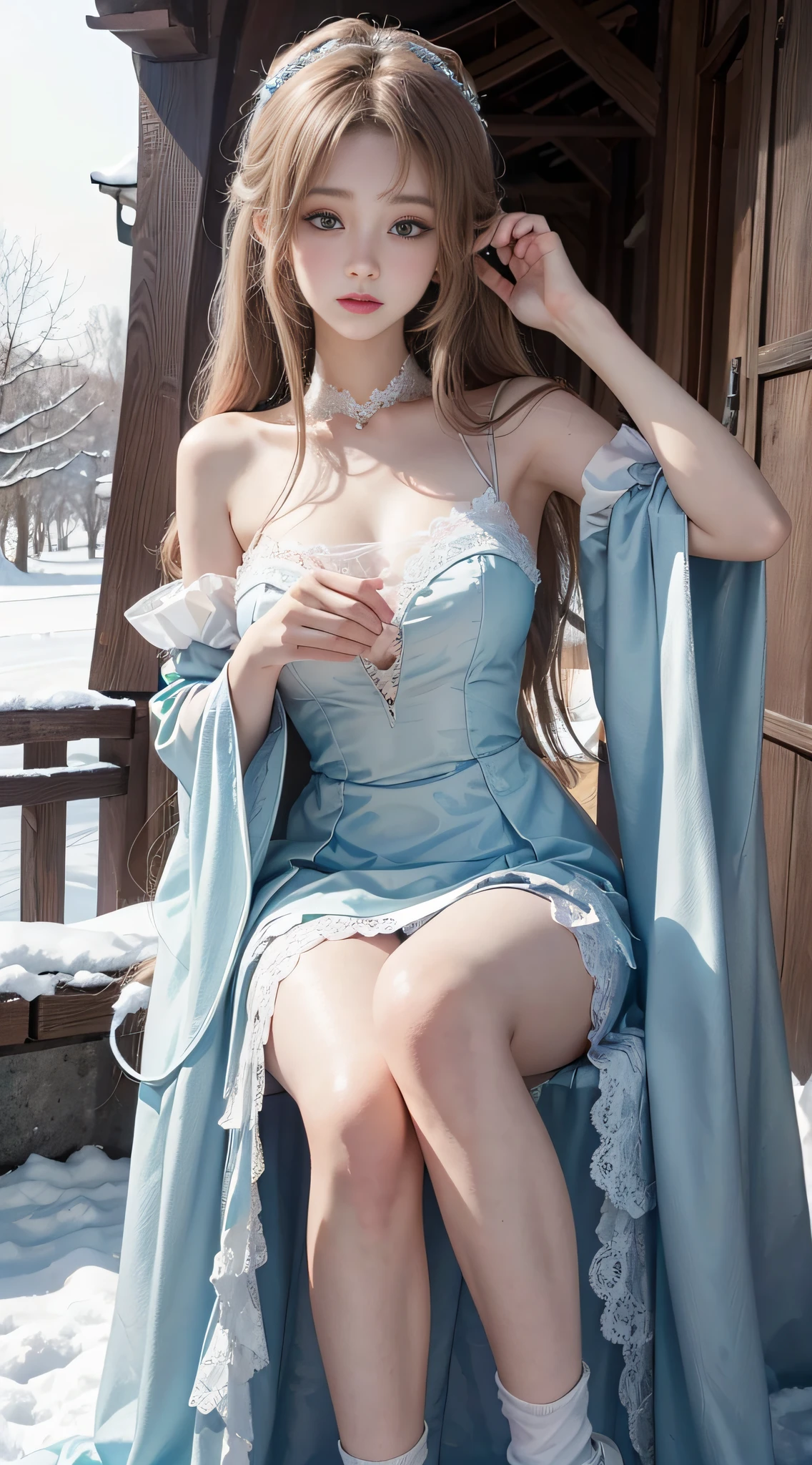（8K， RAW photos， best qualtiy， tmasterpiece：1.2），（realisticlying， photograph realistic：1.4)，Hide your face with sadness，
Lolita costume，Lace， Aerith Gainsborough， The upper part of the body， undergarments，exposed bare shoulders， do lado de fora， (outside，Covered with snow，Cloak，) high high quality， Adobe Lightroom， highdetailskin， looking at viewert，