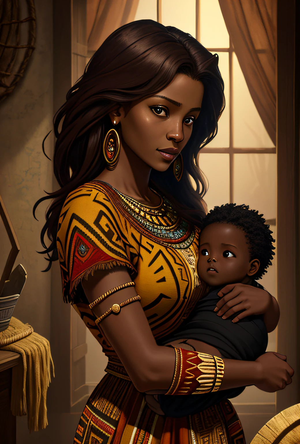 ((mejor calidad)), ((obra maestra)), ((ultra realista)), ((estilo de fantasía oscura)), Hermosa pintura al óleo suave intrincadamente detallada de Jim Lee, Una madre tribal africana cansada pero feliz acunando a su bebé recién nacido, interior de cabaña de barro poco iluminado, (Vestimenta tribal:1.3), íntimo, rasgos faciales suaves, tribal, muy detallado, Profesional, 8K, HD, iluminación volumétrica suave, profundidad de campo, grano de la película, Liso, aspereza, vida real, paleta de colores suaves, cálidos y vibrantes, (Viola Davis|kerry washington|beyoncé:0.5)