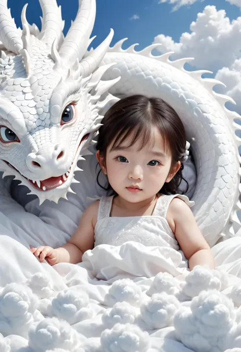A two-year-old Chinese baby girl,Lovely, face round,Slept on a white dragon bed, a photorealistic painting by Ju Lian, shutterstock contest winner, Fantasy art, a dragon made of clouds, Chinese fantasy, lie on white clouds fairyland，Camera shot, Film style...
