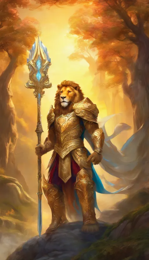 (anthropomorphic lion,paladin of light),(best quality,ultra-detailed,realistic),(3D rendering,portrait),(golden fur,piercing eyes,gentle expression,flowing mane),(wearing intricate armor,emitting radiant light),(standing tall and proud,holding a glowing sw...