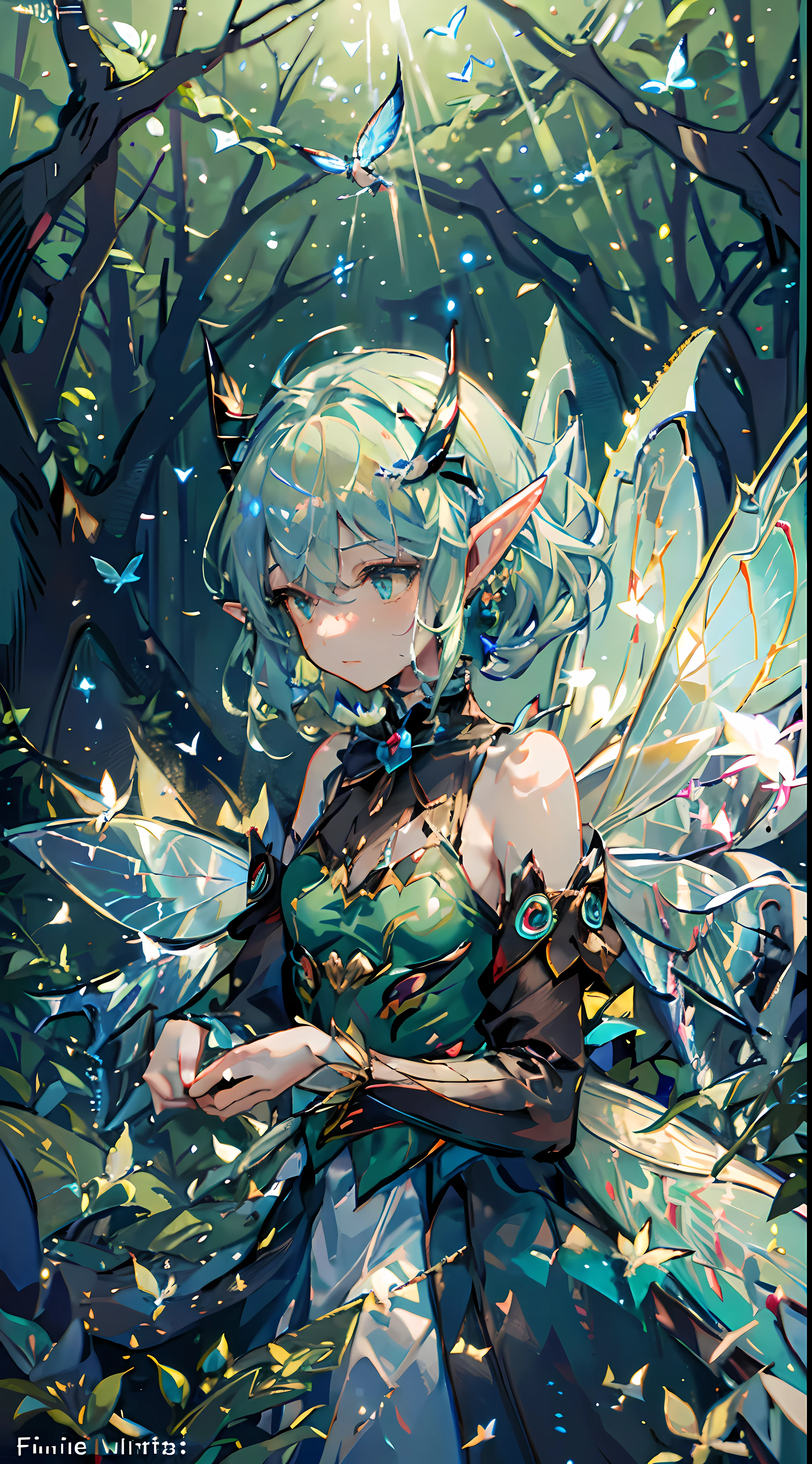 1 girl,solo,(floating and flying:1.2),(fairy_wings:1.6),(elf ears:1.3),(detached_wings:1.2),beautiful,(sparse forest),green hair,shining body,shining eyes,flying hair,visually stunning,beautiful,happy,rich facial expressions,(clear forest background),(in-flight:1.2),a white dress,multiple_wings,mini_wings,butterfly_wings,absurdres,pointy_ears,a small blue flower,