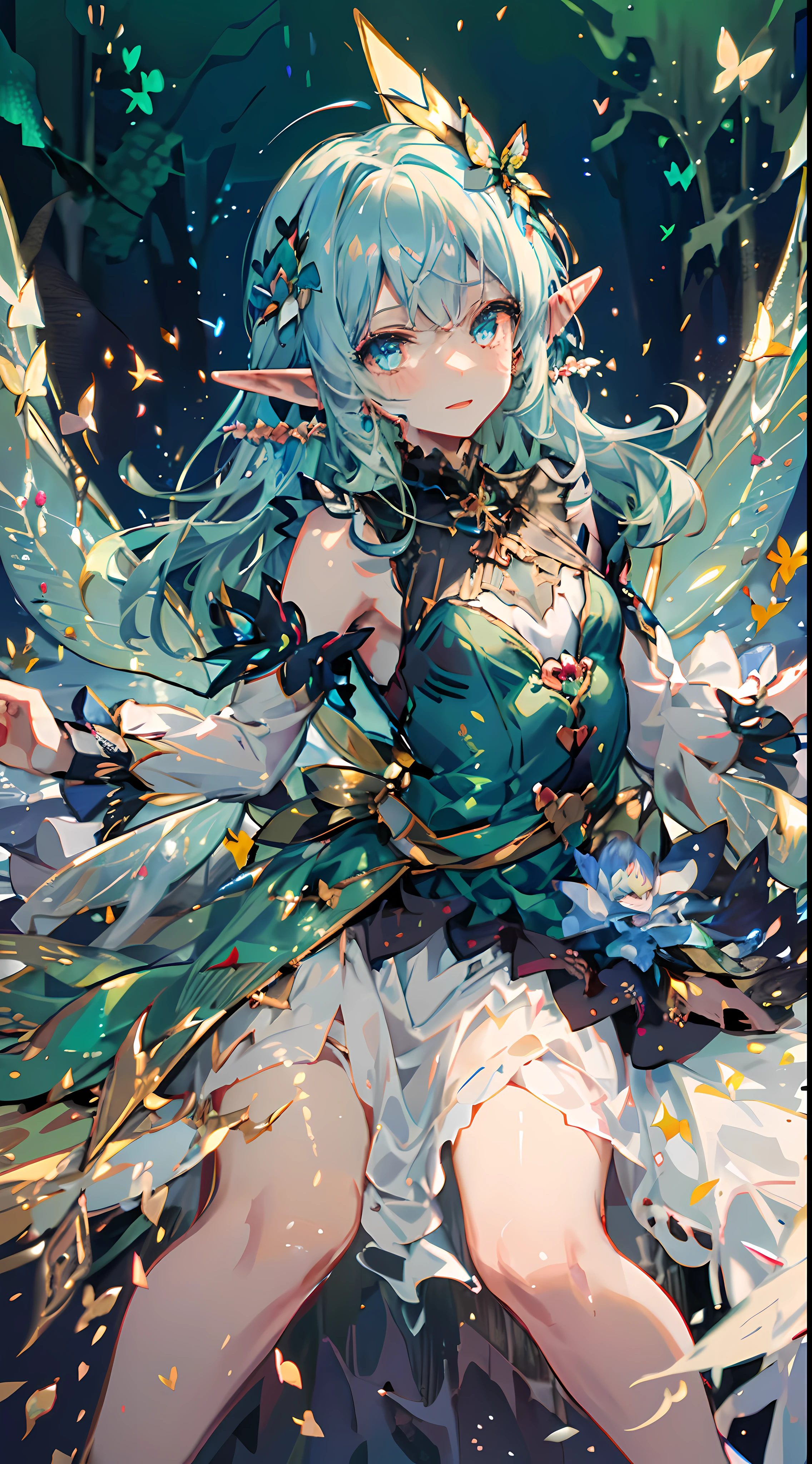 1 girl,solo,(floating and flying:1.2),(fairy_wings:1.6),(elf ears:1.3),(detached_wings:1.2),beautiful,(sparse forest),green hair,shining body,shining eyes,flying hair,visually stunning,beautiful,happy,rich facial expressions,(clear forest background),(in-flight:1.2),a white dress,multiple_wings,mini_wings,butterfly_wings,absurdres,pointy_ears,a small blue flower,