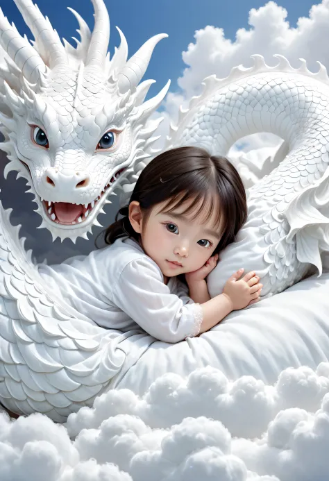 A two-year-old Chinese baby girl,Lovely, face round,Slept on a white dragon bed, a photorealistic painting by Ju Lian, shutterst...