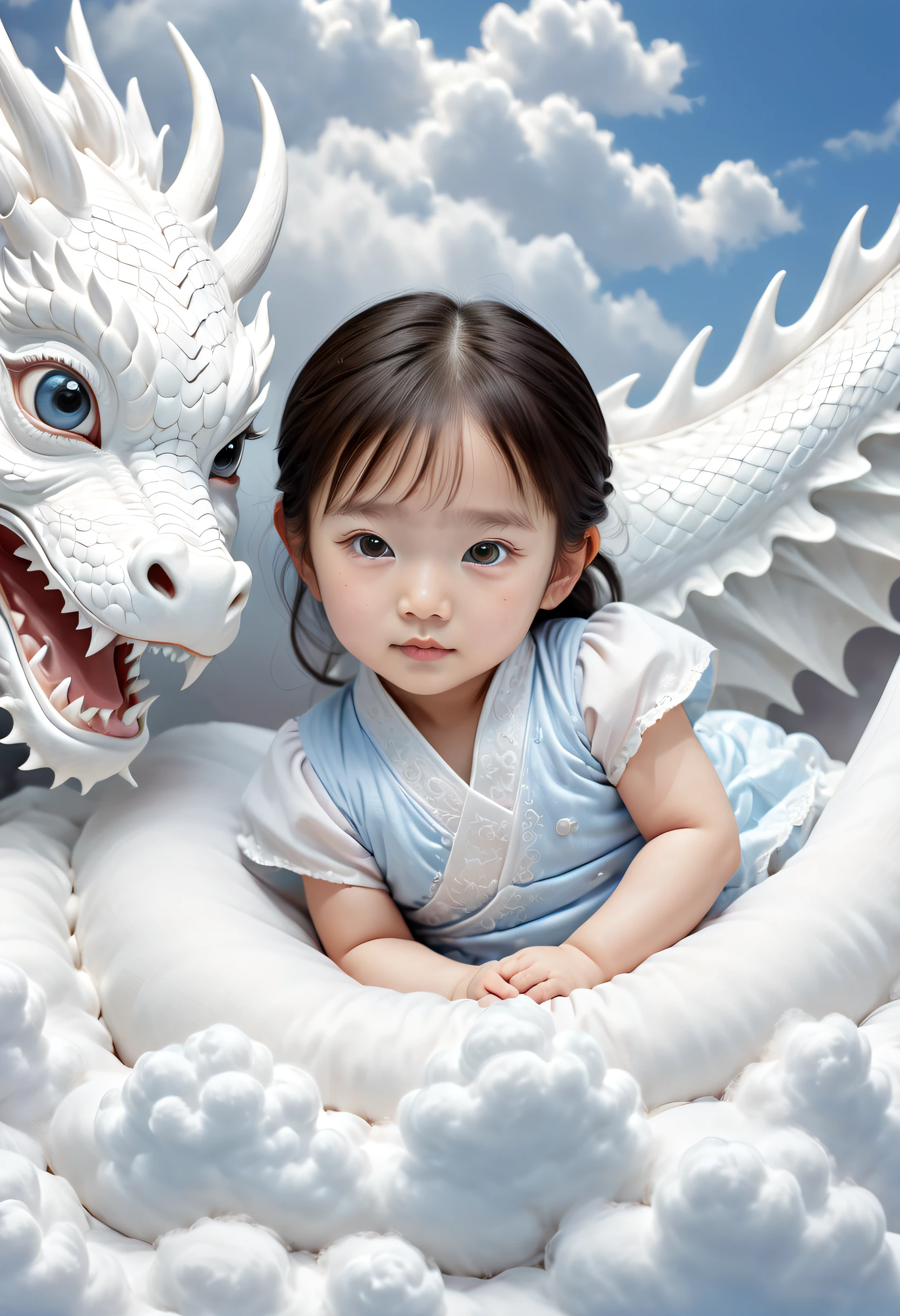 Ein zweijähriges chinesisches Mädchen,Schön, Gesicht rund,Auf einem weißen Drachenbett geschlafen, ein fotorealistisches Gemälde von Ju Lian, Gewinner des Shutterstock-Wettbewerbs, Fantasy-Kunst, ein Drache aus Wolken, chinesische fantasie, liegen auf weißen Wolken Märchenland，Kamerabild, Filmstil, Aufwendige und raffinierte Details, hohe Qualität，japanisches Mädchen