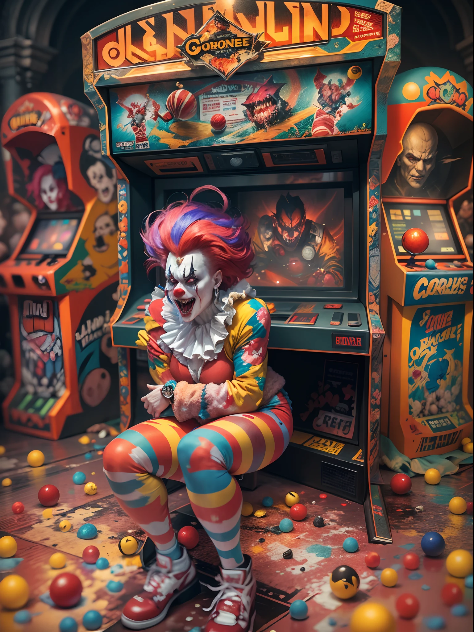 Clown sitting on a stool in front of a game machine - SeaArt AI