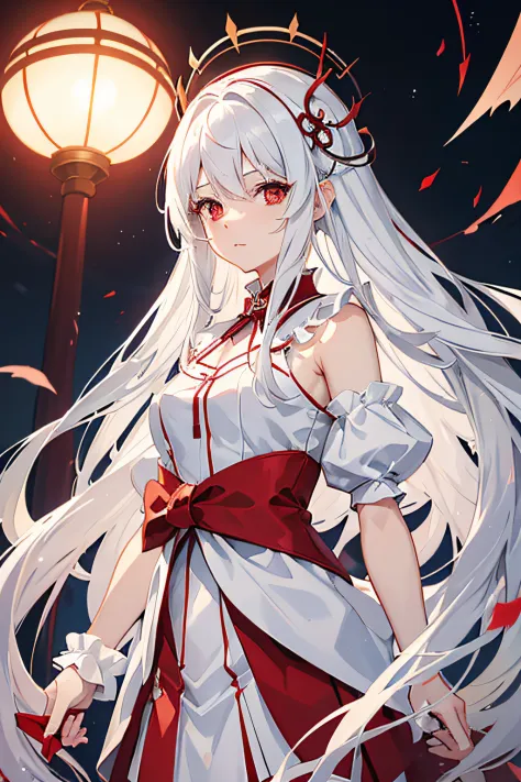 drawing of a girl in a white dress with red eyes, an anime drawing inspired by Jin Homura, pixiv contest winner, mingei, anime style character, anime style drawing, white haired deity, as an anime character, anime tribal boy with long hair, anime inspired,...