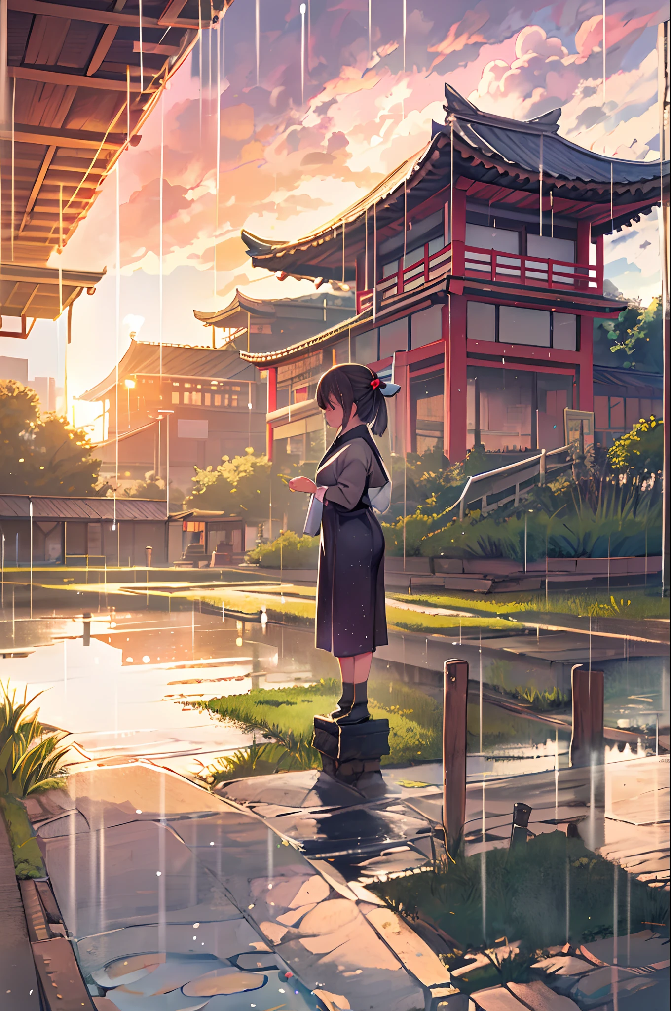 SFW, 1girl in, Solo Focus, POV, Very Wide Shot, landscape, East Asian Architecture, Sunlight, Sunrise, floating, cloud, skyporn, Rain, Water, Full body, Outdoors, Scenery, depth of fields