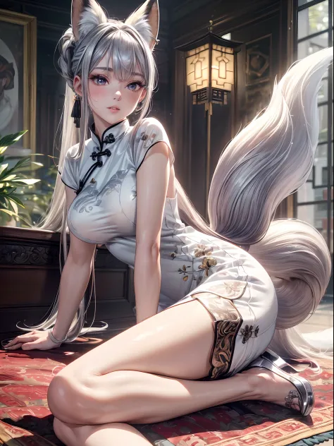 absurderes,(​masterpiece、top-quality、8k ),intricate detailes,ultra-detailliert、1 beautiful pale woman,(silber hair:1.2),((fox ea...