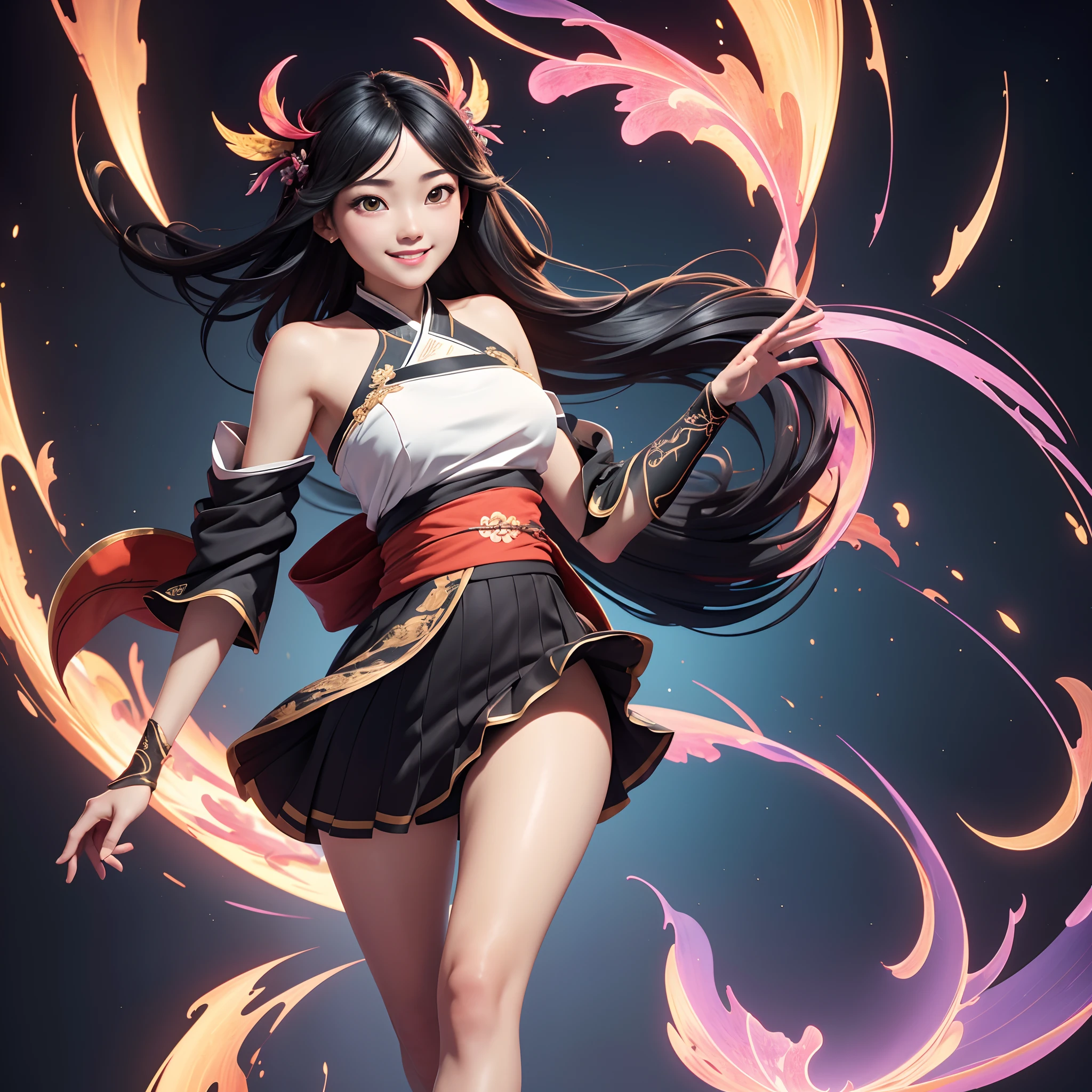 Official Art, Unified 8k Wallpaper, Ultra Detailed, Beautiful and Aesthetic, Masterpiece, Best Quality, (Fractal Art: 1.4), 1Girl, Black Hair, Bare Shoulders, Short Skirt, Calves, Very Detailed, Dynamic Angle, , (Bright Colors), (Half: 1.2), (Hanfu: 1.5), (Smile: 0.5)