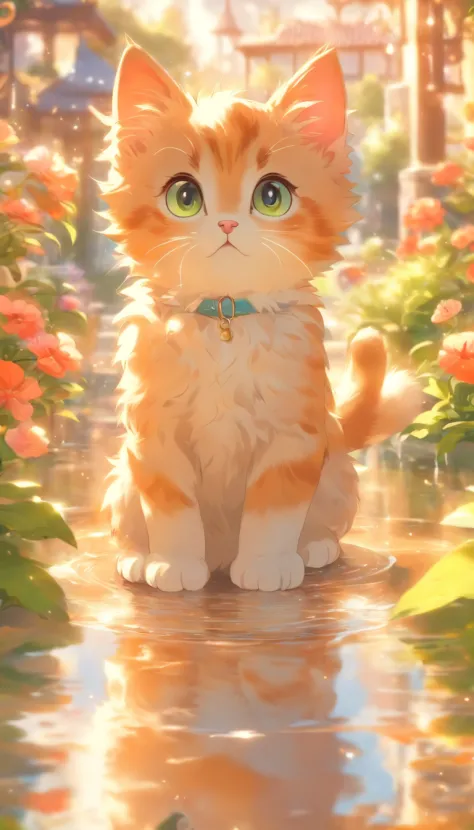 a round-eyed cute kitten, Garden fountain, , Distant houses, mirror effect