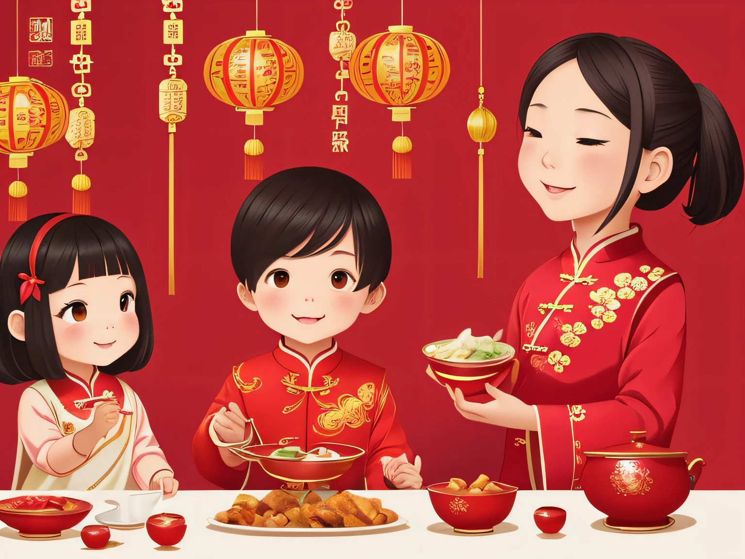 Chinese New Year wallpaper for Instagram, in the style of charming character illustrations, Light red and beige, lit child, Reference painting, Cranberry core, Original characters, White background